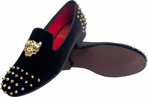 Justar Men's Spikes Dress Shoes Black Velvet Loafers with Gold Buckle Slip-On Slippers Flats4