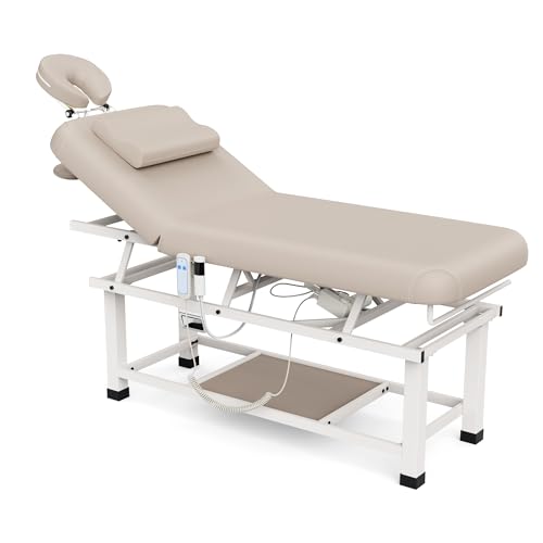 Image of pouseayar Heavy Duty Electric Stationary Massage Table with Heating Function, Backrest Adjustable and Storage Space for Treatment /Medical Spa /Facial /Beauty /Massage Bed - 30 x 75 - Beige Gray