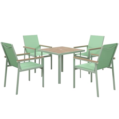 Immagine prodotto: Outsunny Set da Giardino da 5 Pezzi, Set da Esterno con 4 Sedie da Giardino con Braccioli e Tessuto a Rete e Tavolo da Pranzo Quadrato in Acciaio, Verde