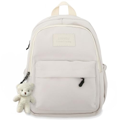 Aesthetic White Backpack for Adults Lightweight Book bag with Bear Pendant and Pins,White