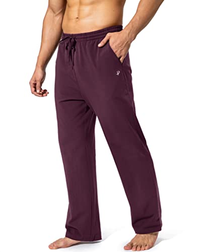 Pudolla Men\'s Cotton Yoga Sweatpants Athletic Lounge Pants Open Bottom Casual Jersey Pants for Men with Pockets (Wine Red Small)