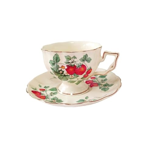 コーヒーカップ&ソーサー 陶磁器製 ティーポット 洋風 コーヒー食器 アフタヌーンティー用 花茶・プロセスティー対応 来客用 家庭用 女性向け プレゼント ファッショナブル お皿セット 水差し (大口いちご1杯1皿)