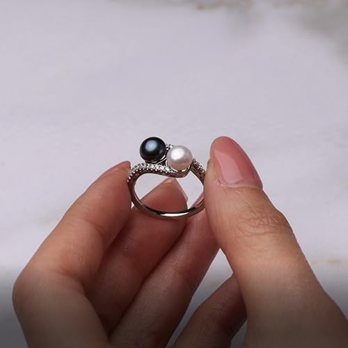 Black and White Pearl Ring for Women 18 White Gold Plated .13 ct. t.w. Simulated Diamond Bypass Ring, AAA Quality Handpicked Two Natural 6mm Pearl, Size 5-94