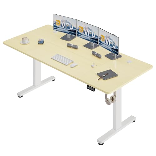 VFU Bureau Assis Debout Électrique 160 x 80 cm, Bureau Électrique Réglable en Hauteur, Fonction Mémoire Bureau Réglable électriquement, Table Assis-Debout Ajustable pour Ordinateur, Beige