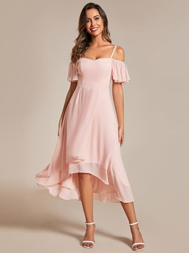 Image of Ever-Pretty Women's Summer Cold Shoulder Hi-Lo Asymmetrical Hem Flowy Chiffon Short Wedding Guest Dress 02103