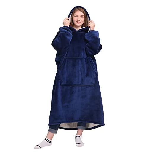 Waitu Cobertor de vestir moletom presentes para mulheres e homens, cobertor de lã de ovelha para adultos, cobertor grande com capuz longo, cobertor grosso de lã de ovelha com mangas e bolso, roupão cobertor de corpo quente - azul marinho
