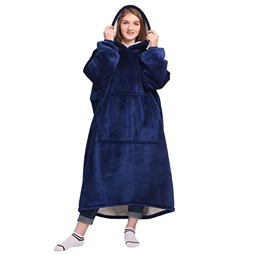 Waitu Oversized Wearable Blanket Sweatshirt Gifts for Women and Men, Soft Sherpa Blanket Hoodie with Sleeves and Pocket, Warm Body Blanket Robe - Navy