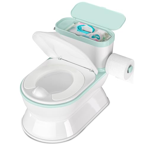 Image of CheerTry 2-in-1 Toddler Potty Training Toilet - Larger Potty Chair & Detachable Training Seat for Boys & Girls Ages 1-3 with Flushing Sound, Wipes Storage, Toilet Paper Holder - Cyan