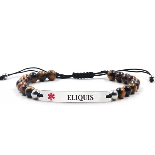 RENYILIN Medical Alert ID Bracelet Natural Tigers Eye Beads Curved Design Adjustable (ELIQUIS)