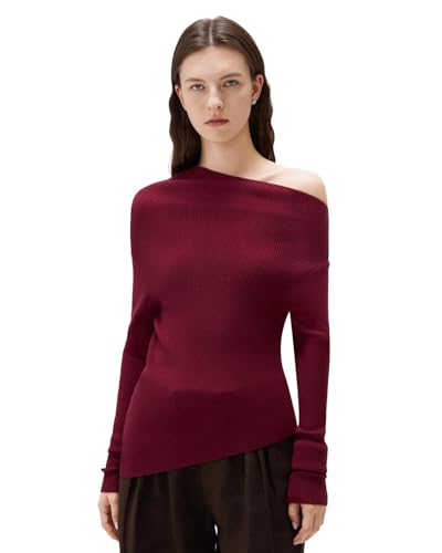 SUUKSESS Women Cashmere Off Shoulder Pullover Sweater Going Out Ribbed Knit Long Sleeve Shirts(Wine Red, S)