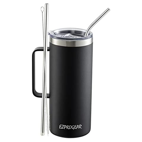 Ezprogear 32 oz Coffee Mug Stainless Steel Double Wall Insulated Tumbler with Handle, Lid and Straws (32 oz, Black) Cover