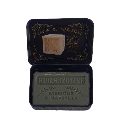 Boîte en métal Savon de Marseille noire avec savonnette marseillaise huile d'olive 60g-Fabrication française-enrichie en beurre de karité bio