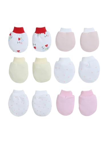 Image of Baby Eli Cotton Newborn Mittens (Picot Wrist) Set of 6 for Baby Boys & Girls 0-6 Months | Soft and Cozy Unisex Infant Gloves | Assorted Baby Hand Gloves | Adjustable Scratch Protection