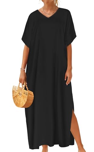 CHICGAL Kaftan Dresses for Women Oversized Long Batwing Sleeve Caftan V Neck Beach Cover Ups Summer Maxi Dress 2026 (A-Black One Size)
