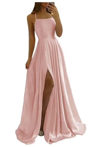 Image of Women Long Formal Dress Solid Satin Spaghetti Straps A Line Evening Cocktail Dresses with Slit