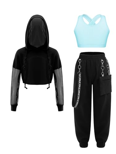iiniim Girls Jazz Street Dance Outfits 3 Piece Sweatsuits Hip Hop Dance Sweatshirt Sport Bra Jogger Pants Set