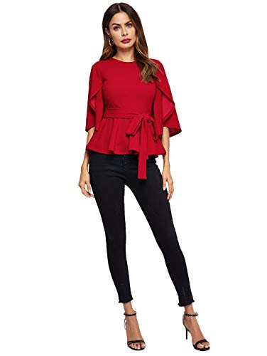 Romwe Women's Split Half Sleeve Zipper Belted Knot Drap Casual Blouse Top Red L #TOP4