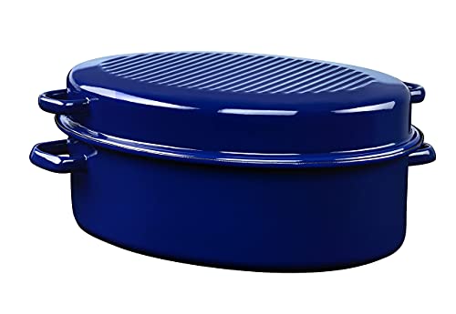 Foto von Riess, 0442-012, Gänsebräter oval mit Deckel, CLASSIC - SPEZIALARTIKEL, Durchmesser (lange Seite) 42 cm, Höhe 18,5 cm, Inhalt 9,0 Liter, Emaille, außen blau, innen schwarz, Induktion