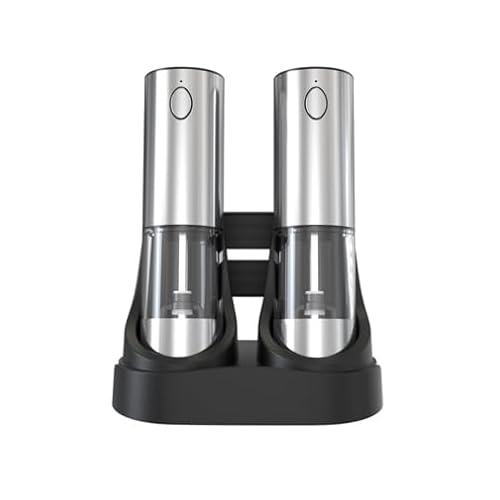 Electric Salt and Pepper Grinder Set with Rechargeable Base - Automatic Refillable Electric Salt and Pepper Shakers with Large Capacity, LED Light & Adjustable Coarseness, Stainless Steel
