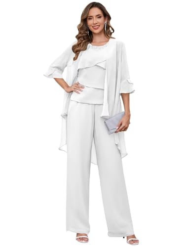 OFEYCHUN 3 Piece Mother of The Bride Pant Suits with Jacket Ruffle Layers Chiffon Formal Wedding Guest Outfit for Women
