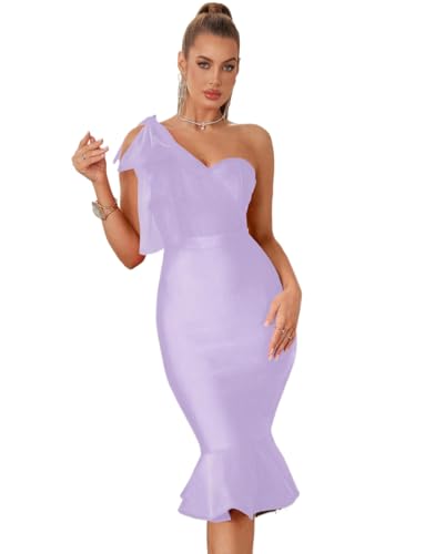 Image of Mesh One Shoulder Bow Midi Dress Fishtail Bandage Cocktail Party Wedding Bridesmaid Evening Gown