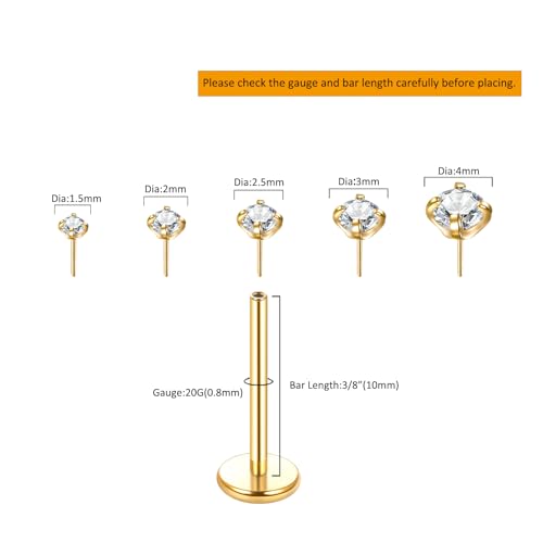 Image of Oveta Threadless Nose Stud Stainless Steel 20G 18G 16G Threadless Flat Back Tragus Earrings Labret Medusa Monroe Ashely Lip Piercing Jewerly Gold