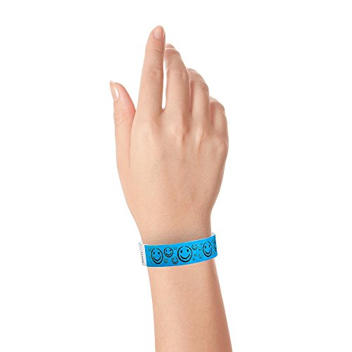 Image of 200 WristCo Neon Blue Smiley Face Tyvek Wristbands for Events | Comfortable Water /Tear-Resistant - USA Made Tyvek Wristband ID Bracelets for Events, Concerts, Party Security, VIP Admission