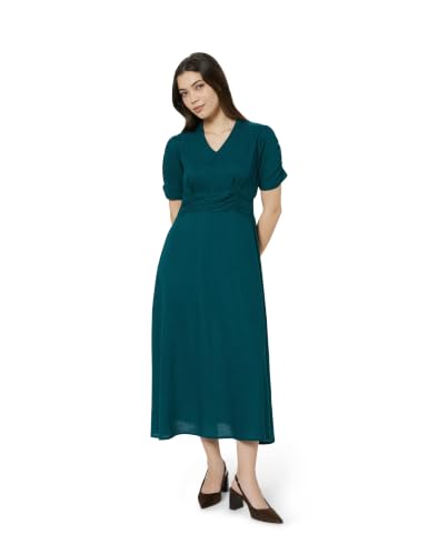 Image of Amazon Brand - Symbol Women's V-Neck Midi Dress | Ruched Waist, Puff Sleeves, A-Line Flared (Available in Plus Sizes)