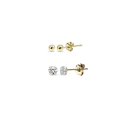 2 Pairs 14K Gold Unisex Mini Small Ball Bead and Tiny Round 2mm CZ Stud Earrings Set