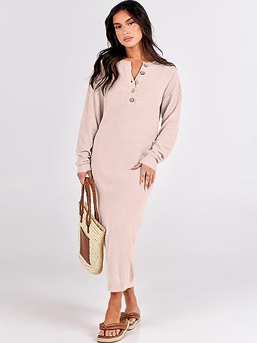 Image of ANRABESS Women Long Sleeve Button V Neck Oversized Casual Loose Fit Waffle Knit Fall Midi Sweater Dress 2026 Trendy Outfits