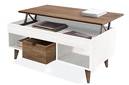Hogar 24 Atelier Mesa Centro Elevable Madera Maciza Natural, Combinado Color Blanco y Madera, 100 cm x 50 cm x 47 cm