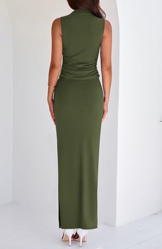 BTFBM Summer Two Piece Skirt Set for Women 2025 Dressy Lightweight Sleeveless Knit Top Going Out Split Maxi Skirt Set