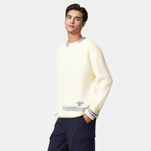 Men Colorblocked Crewneck Sweater Baggy Knitted Pullover Jumper Unisex Casual Textured Sweater Tops4