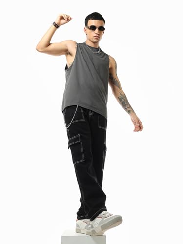Image of Bewakoof Men Mid Rise Baggy Regular Fit Cargo Jeans|Cargo Jeans - Multi-Pocket Denim | Baggy Fit | Utility Streetwear