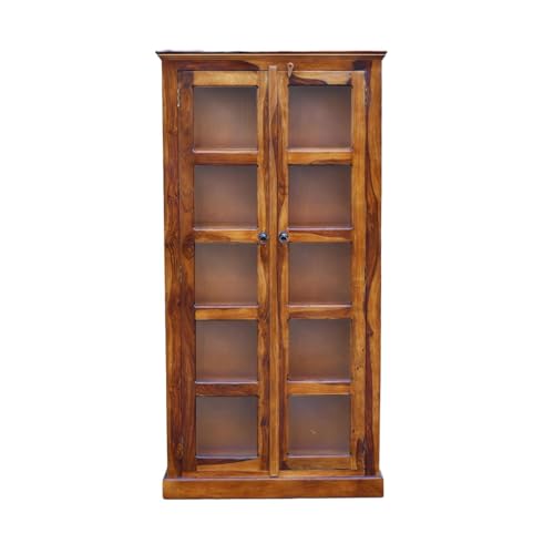 Image of Custom Decor Sheesham Wood Book Shelf with Glass Door | Wooden Bookcase and Crockery Cabinet for Home Library Kitchen | Walnut Finish