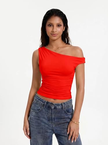Trendy Tops for Women 2025 Red Off The Shoulder Double Lined Sleeveless Date Night Crop Tank Top — view 5