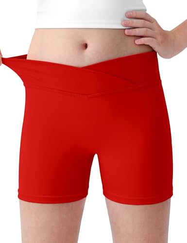 Girls Bike Shorts Red 4-Way Stretch High Waisted V-Cross Waist Activewear Workout Teen Kids Gymnastics Athletic Dance Yoga Size 11-12 Years