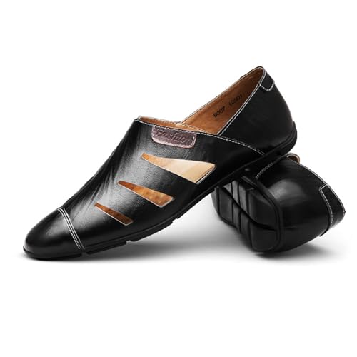 Men's Leather Closed Toe Hollow Sandals Loafters Slip On Flat Breathable Beach Fisherman Sandals Anti-Slip Dress Sandals3
