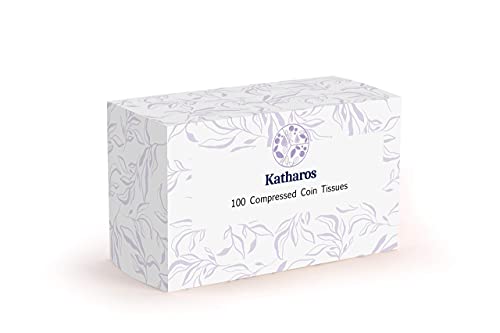 Katharos Compressed Coin Tissue: Pocket Magic Towel Tablet. Portable, disposable mini tissues for travel. Pure cotton, hypoallergenic, eco-friendly, biodegradable facial wet wipes. Pack of 100.