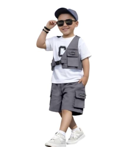 Image of Kids Boys 3-Piece Outfit Set | Half Sleeve T-Shirt, Utility Vest & Cargo Shorts with Cap | Stylish Casual Summer Clothing Set for Boys