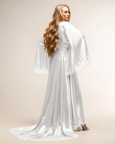 BATHGOWN Women's Satin Robe Black Silk Kimono Bride Robe for Wedding Day Lightweight Long Lace Loungewear Sleepwear2