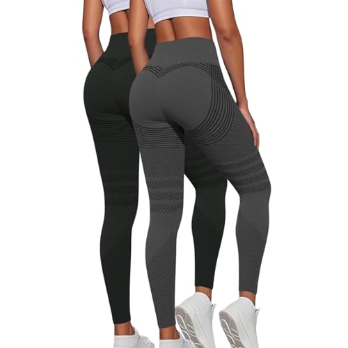 3D Anti Cellulite Leggings Damen High Waist Elastische Sporthose Lang Blickdicht Kompressions Yogahose, Po Push-up Hose, Shape Fitness Hose für Gym Sport Yoga Schwarz+Dunkelgrau M