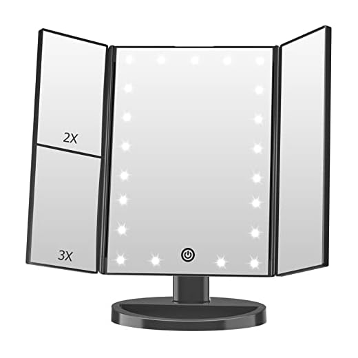 FASCINATE Vanity Mirror with Lights, Trifold Lighted up Makeup Mirror with Magnification 10X/3X/2X, Touch Screen 21 Led, Dual Power Supply, 180° Rotation Portable Lighted Beauty Mirror (Black)