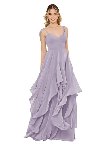 Women’s V Neck Chiffon Bridesmaid Dress A Line Spaghetti Straps Long Tiered Ruffles Formal Evening Party Gown
