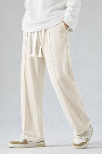 Image of CREVIO Men's Loose Fit Wide Leg Trousers with Elastic Waist & Drawstring - Casual Baggy Straight Pants for Men, Soft Comfortable Lounge Travel Street Style Trousers