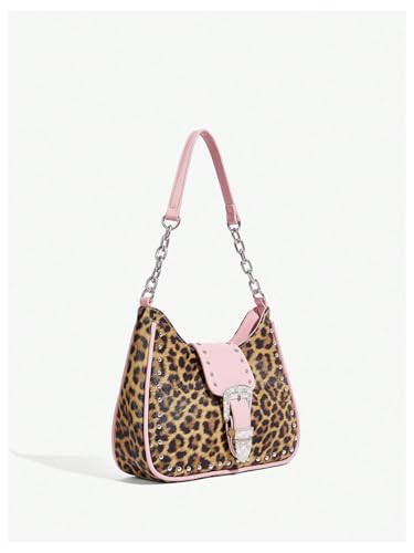Verdusa Women's Y2K Leopard Rhinestone Leather Bag Chain Strap Studded Shoulder Bags2