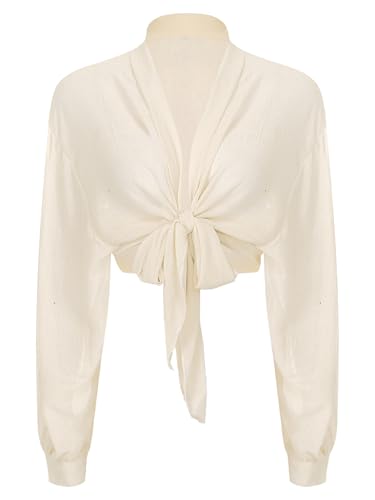 Fldy Bolero de verano para mujer, ligero, corto, de gasa, festivo, elegante, fino, de verano, cárdigan de manga larga, beige, Talla única