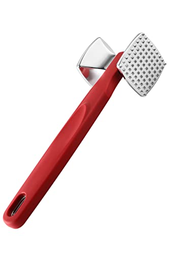 Spring Chef Meat Tenderizer, Heavy Duty Hammer Mallet Tool Chicken, Beef And Steak Pounder; Commercial Quality & Solid Construction, Dual Sided With Smooth And Textured Surface, Soft Grip Handle, Red #TOP19
