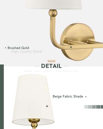Image of 2 Light Bathroom Light Fixtures, Brushed Gold Vanity Lights, Double Wall Sconce with Beige Fabric Shade, Modern Sconces Wall Lighting for Hallway Bedroom Stairway, VL837-BG-B-2