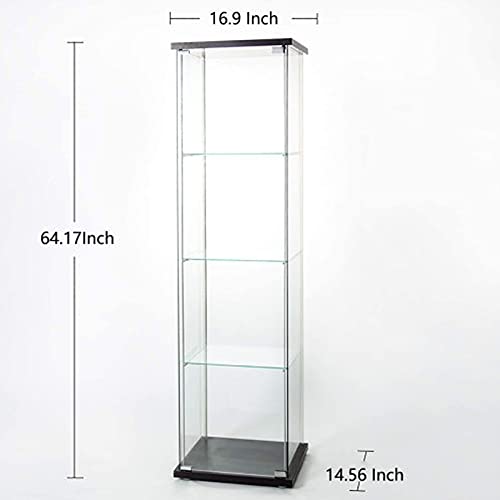 Zipzop Modern 64'' 4-Shelf Glass Display Cabinet in Clear with Door, Curio Cabinet Collection Display Case, Floor Standing Bookshelf for Living Room Bedroom Home Office (Black -S)